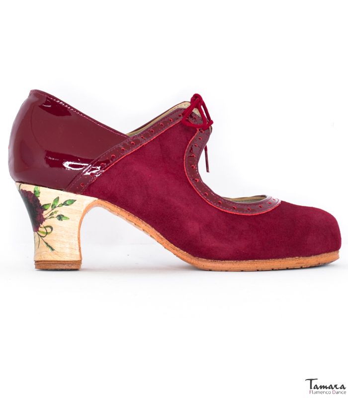 Zapatos de flamenco Rumba Tacon Decorado Burdeos Ante y charol