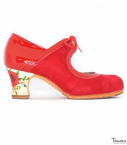 Zapatos de flamenco Rumba Rojo tacon decorado ante/charol carrete 6cm Rojo
