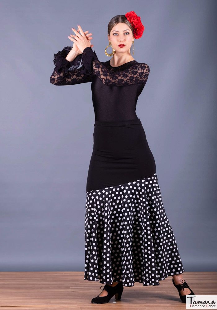 Falda flamenco Granada Lunar Mediano - Viscosa y Koshivo Negro lunar blanco