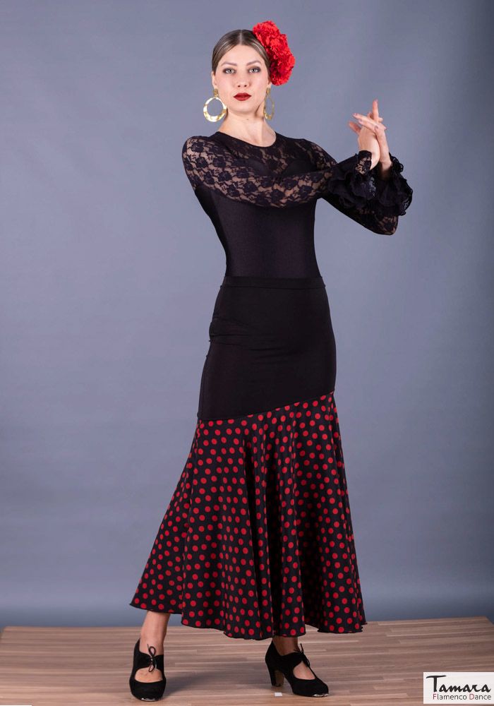 Falda flamenco Granada Lunar Mediano - Viscosa y Koshivo Negro lunares rojos