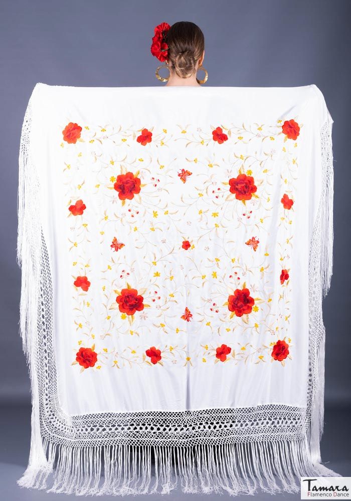 Manton de Manila Primaveral - Bordado Rojo y Oro Blanco