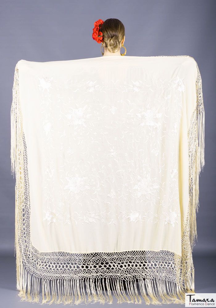 Manton de Manila Primaveral - Bordado Beig Negro