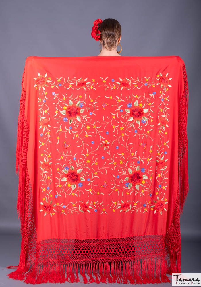 Manton de Manila Primaveral - Bordado Multicolor Rojo