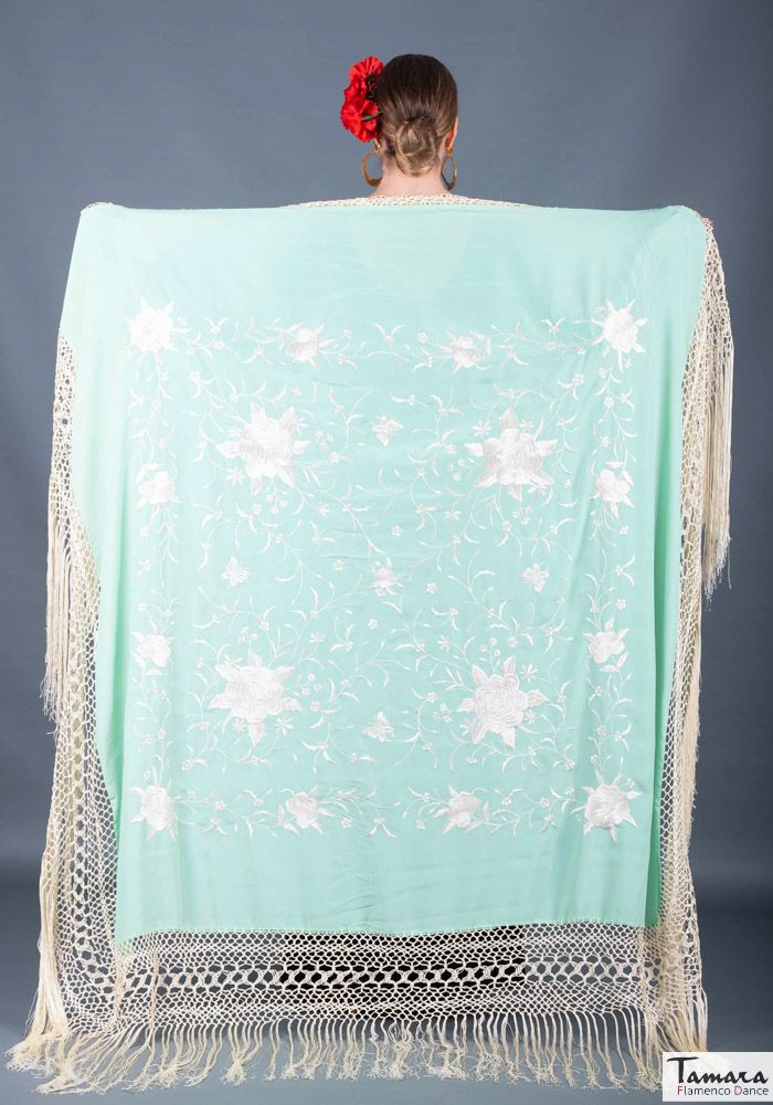 Manton de Manila Primaveral Fleco Marfil - Bordado Marfil