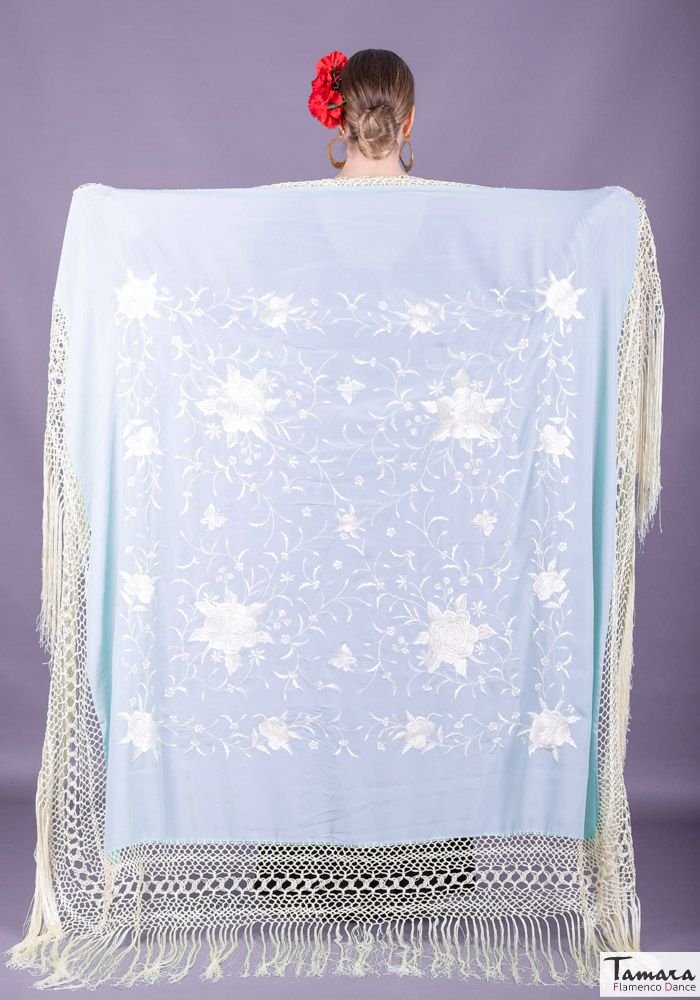 Manton de Manila Primaveral Fleco Marfil - Bordado Marfil Celeste