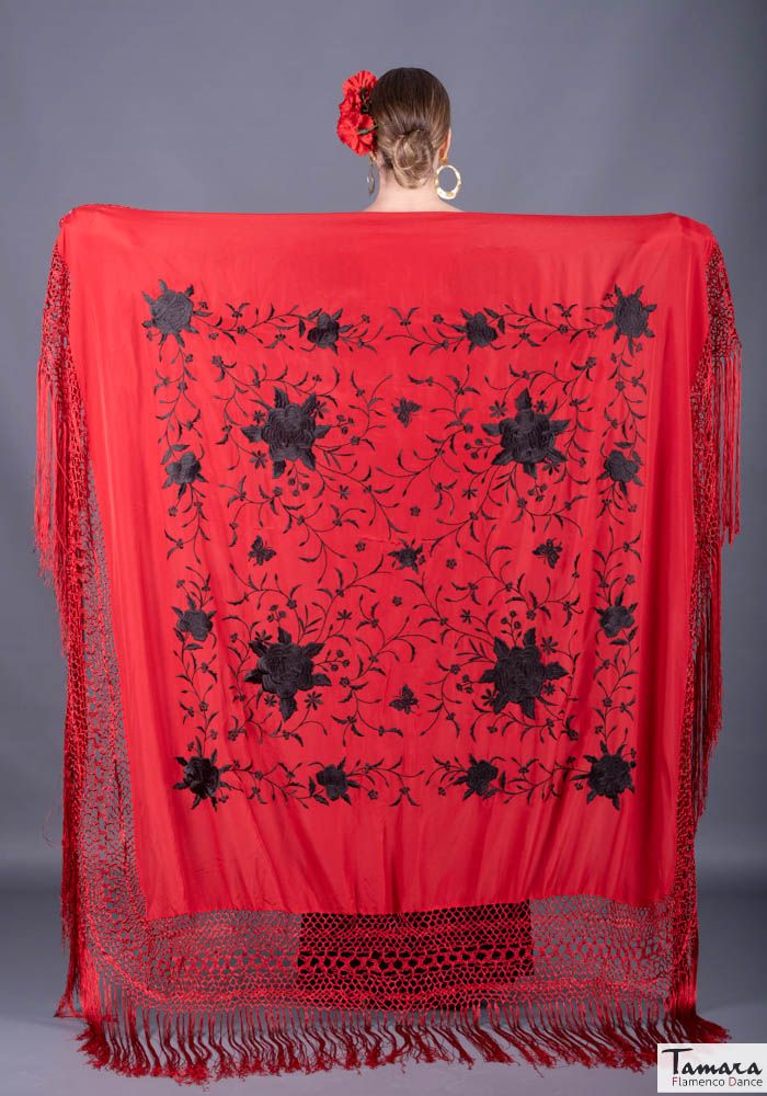 Manton de Manila Primaveral - Bordado Negro Rojo