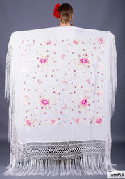 Manton de Manila Primaveral - Bordado Rosa oro y marfil Verde Agua