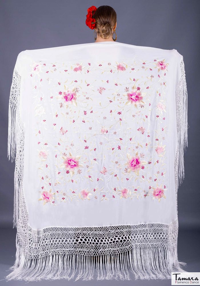 Manton de Manila Primaveral - Bordado Rosa oro y marfil Verde Agua