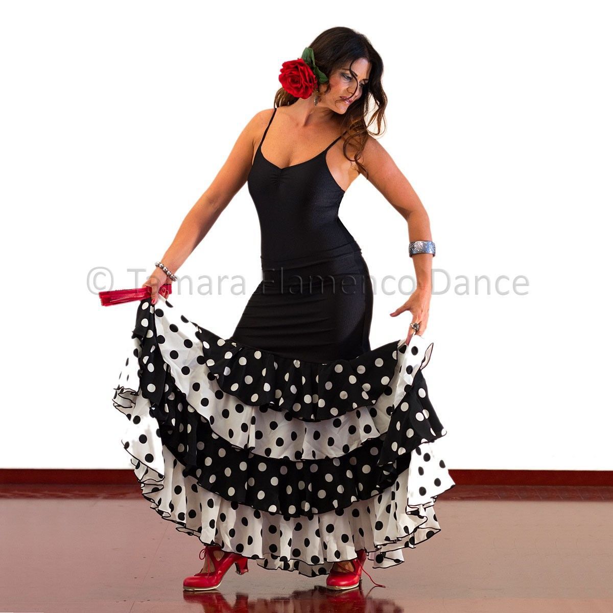 Falda flamenco Buleria - Lycra y koshivo XL Negro lunares blancos y negros