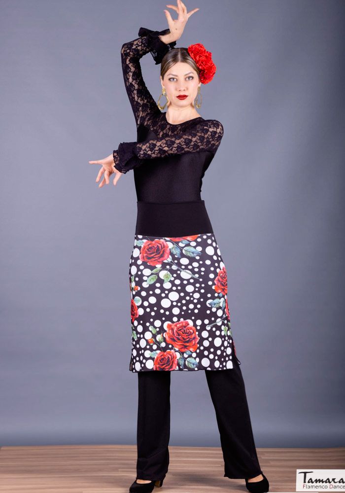 Falda flamenco Falda-Pantalón Huelva - Punto Elastico Negro-blanco flor