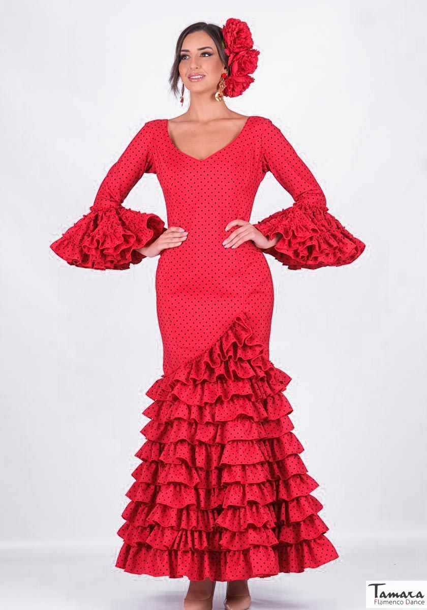 Traje de flamenca Clavellina Rojo Lunar negro 48