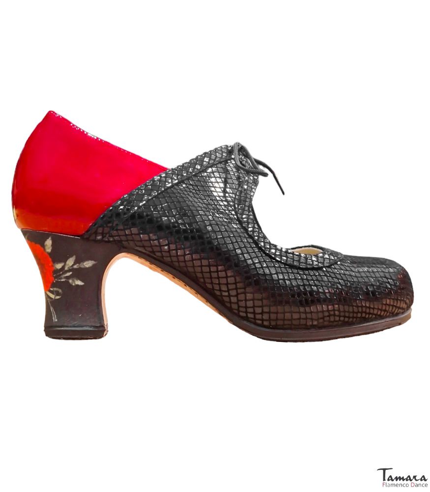 Zapatos de flamenco Rumba Tacon Decorado negro-rojo Charol y Serpiente