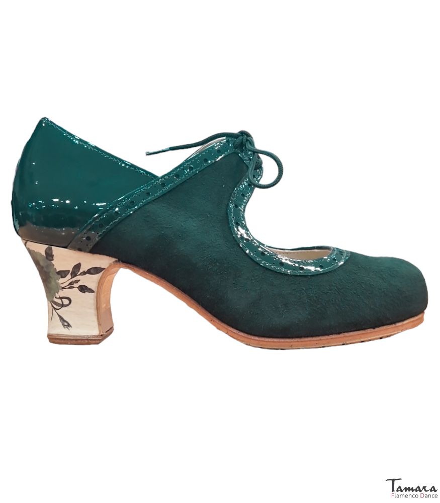Zapatos de flamenco Rumba Tacon Decorado Verde Botella Ante y charol