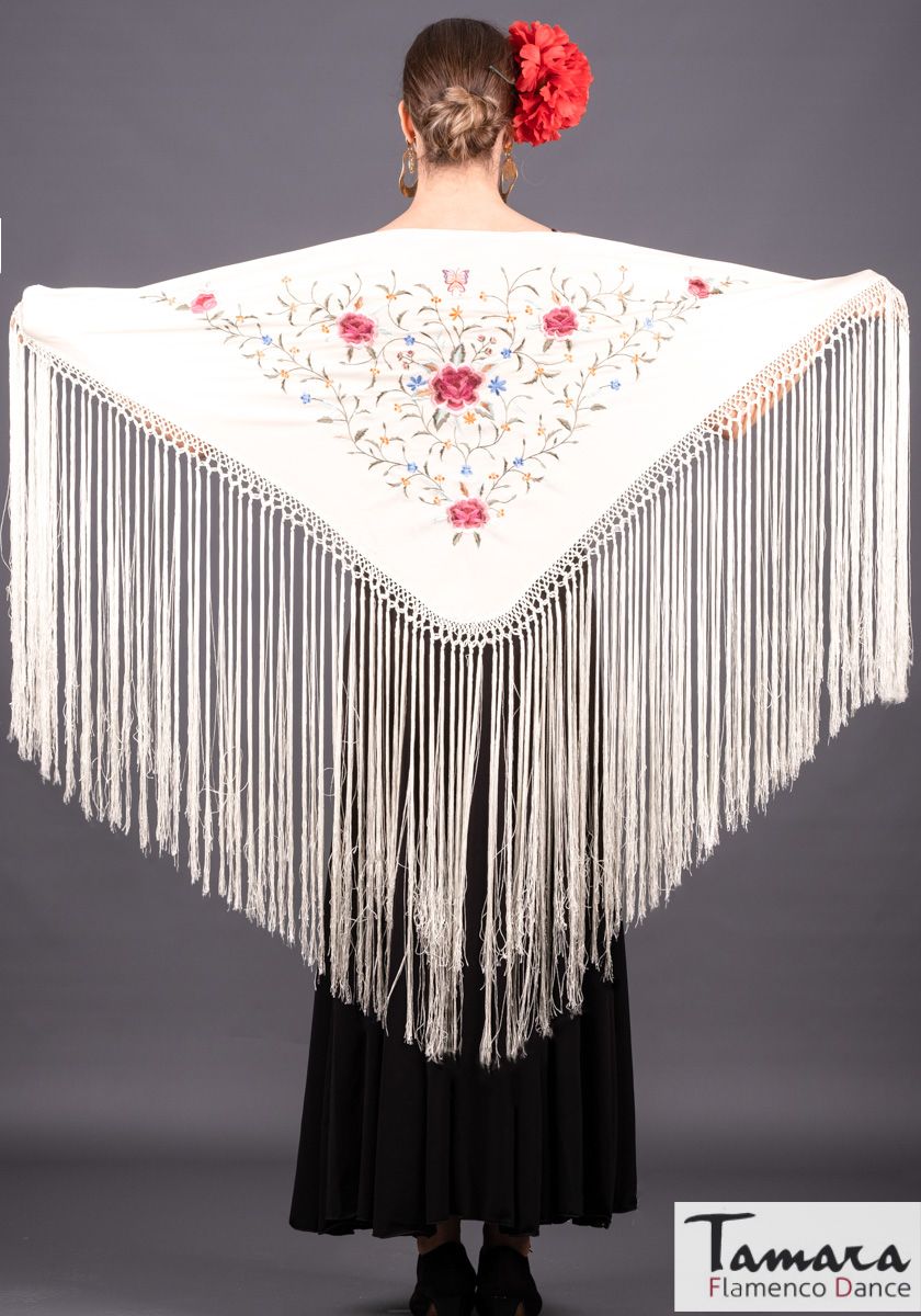 Foulard Ceinture Danse Flamenco La Senorita - Broderie Fleurs Blanches Avec Franges - 160 X 80 Cm