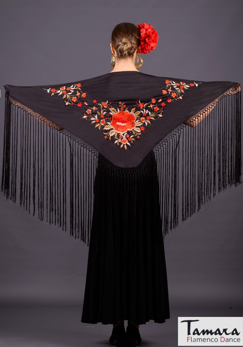 Foulard Ceinture Châle Danse Flamenco La Senorita - Broderie Fleurs Noires Et Franges Or Large