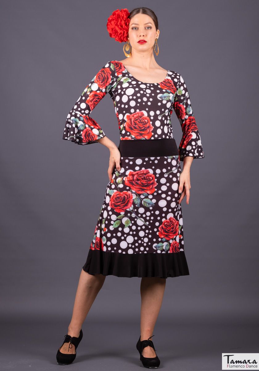 Falda flamenco Pampaneira - Punto Elastico Negro-blanco flor