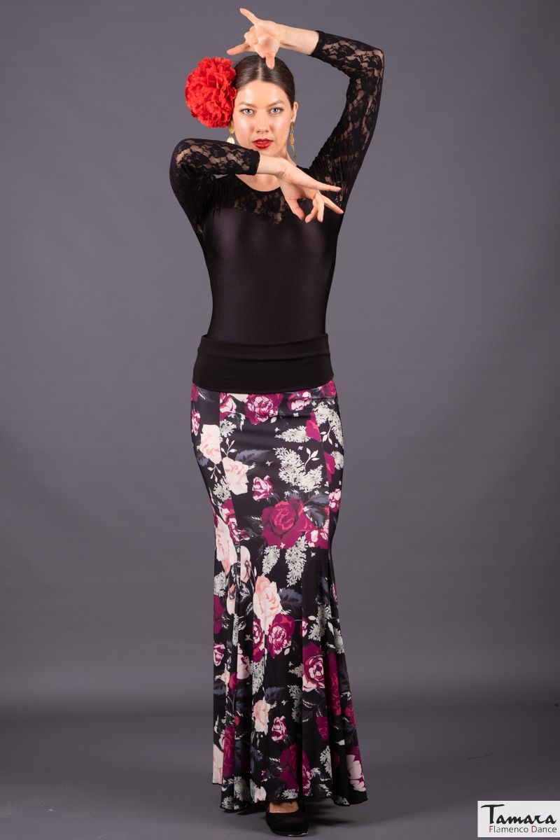 Falda flamenco Cante - Punto Elastico Floral cardenal