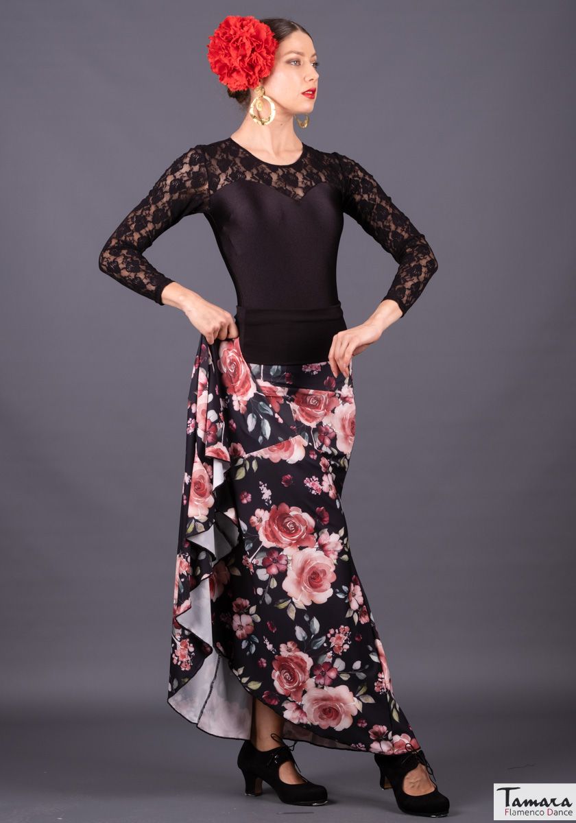 Falda flamenco Cante - Punto Elastico Floral Rosado