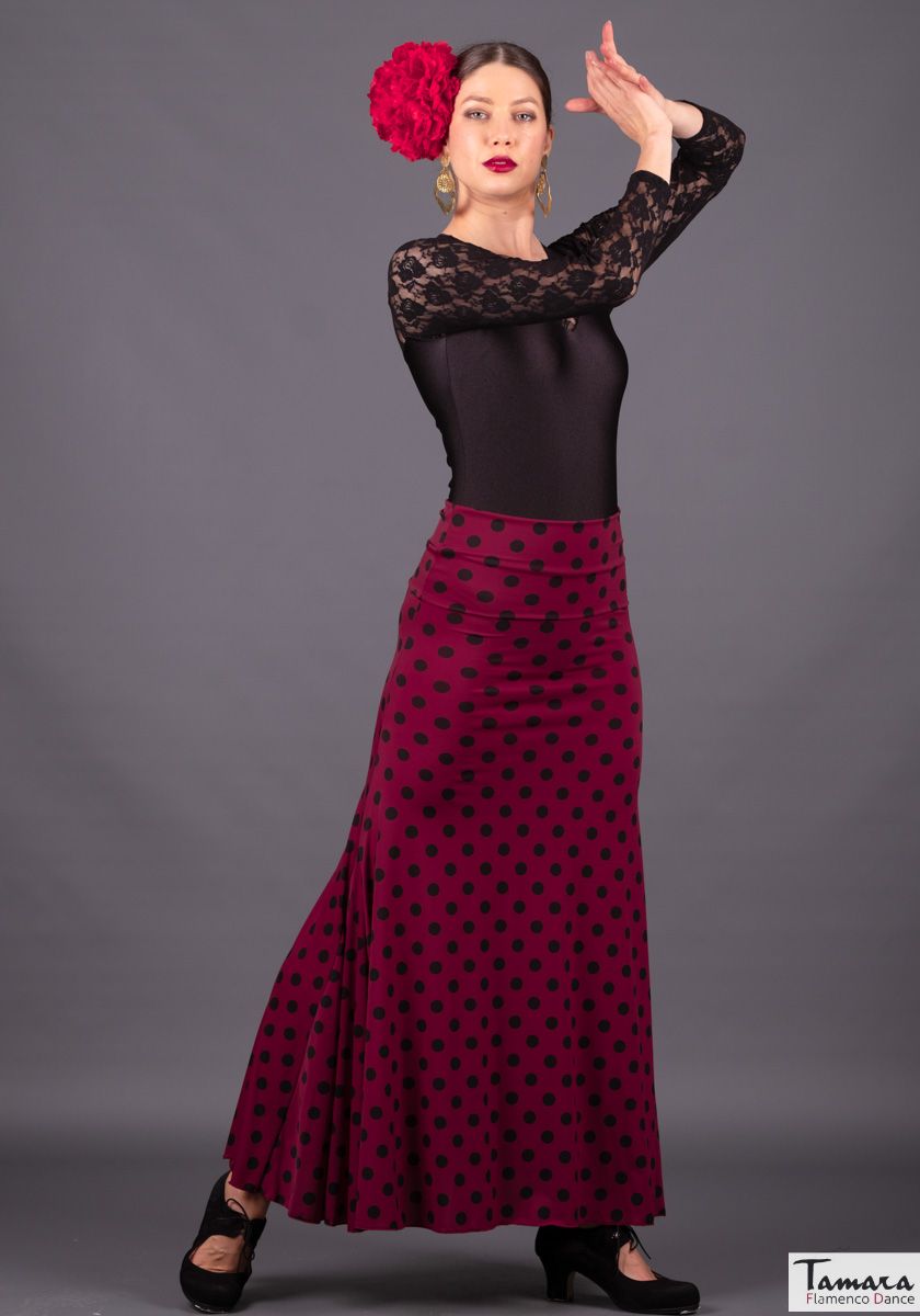 Falda flamenco Mirella - Punto elástico Estampado M Burdeos lunar negro