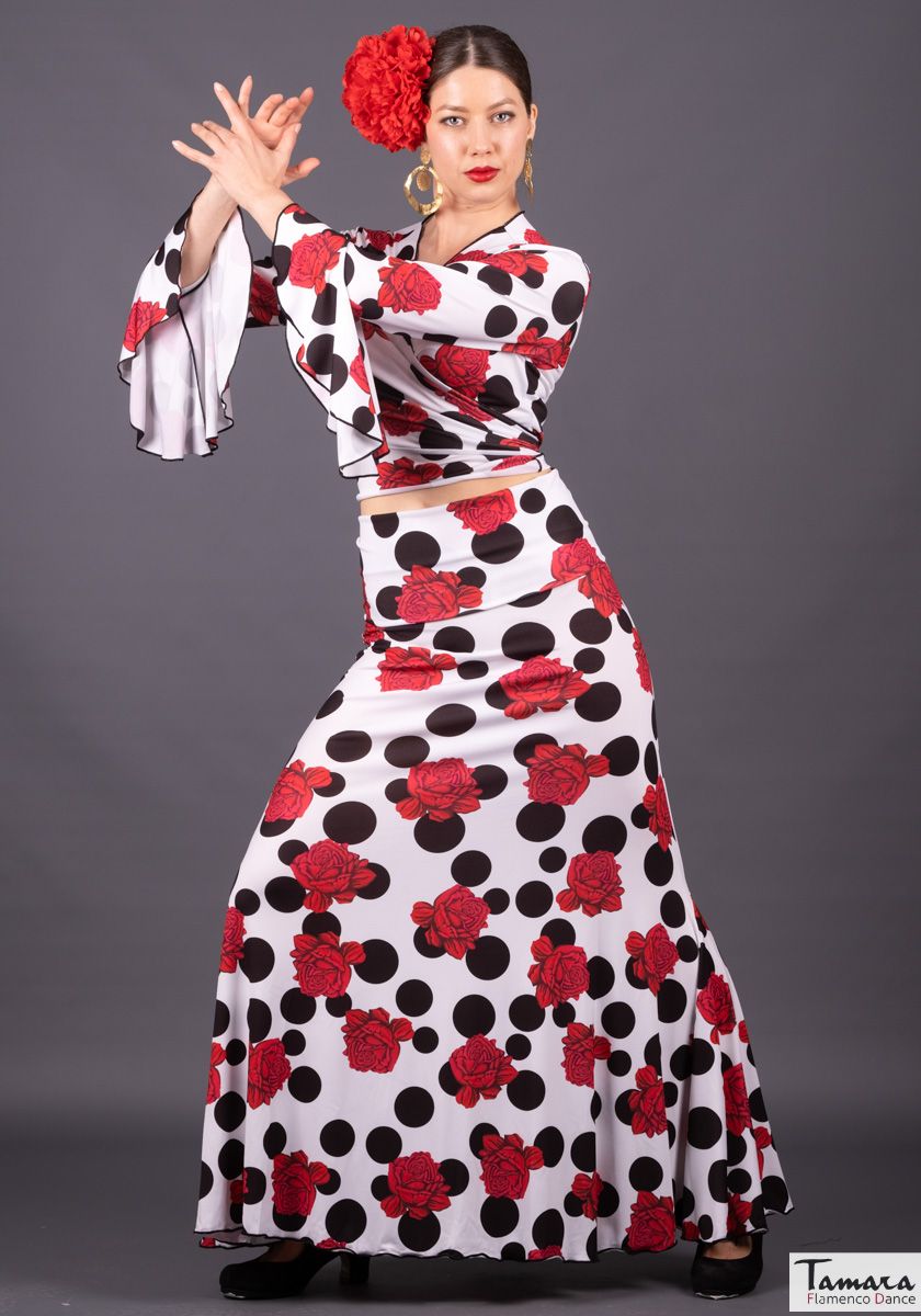 Falda flamenco Tablao - Punto elástico Rosas Blanco lunar negro