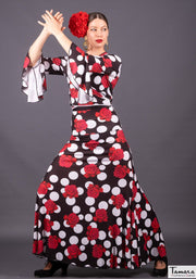 Falda flamenco Tablao - Punto elástico Rosas Negro lunar blanco
