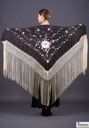Manton Roma Fleco Marfil - Bordado Marfil Negro