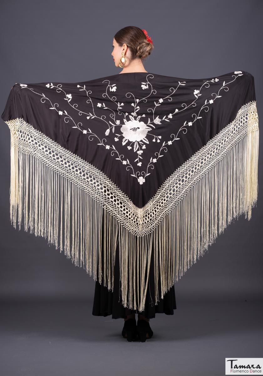Manton Roma Fleco Marfil - Bordado Marfil Negro