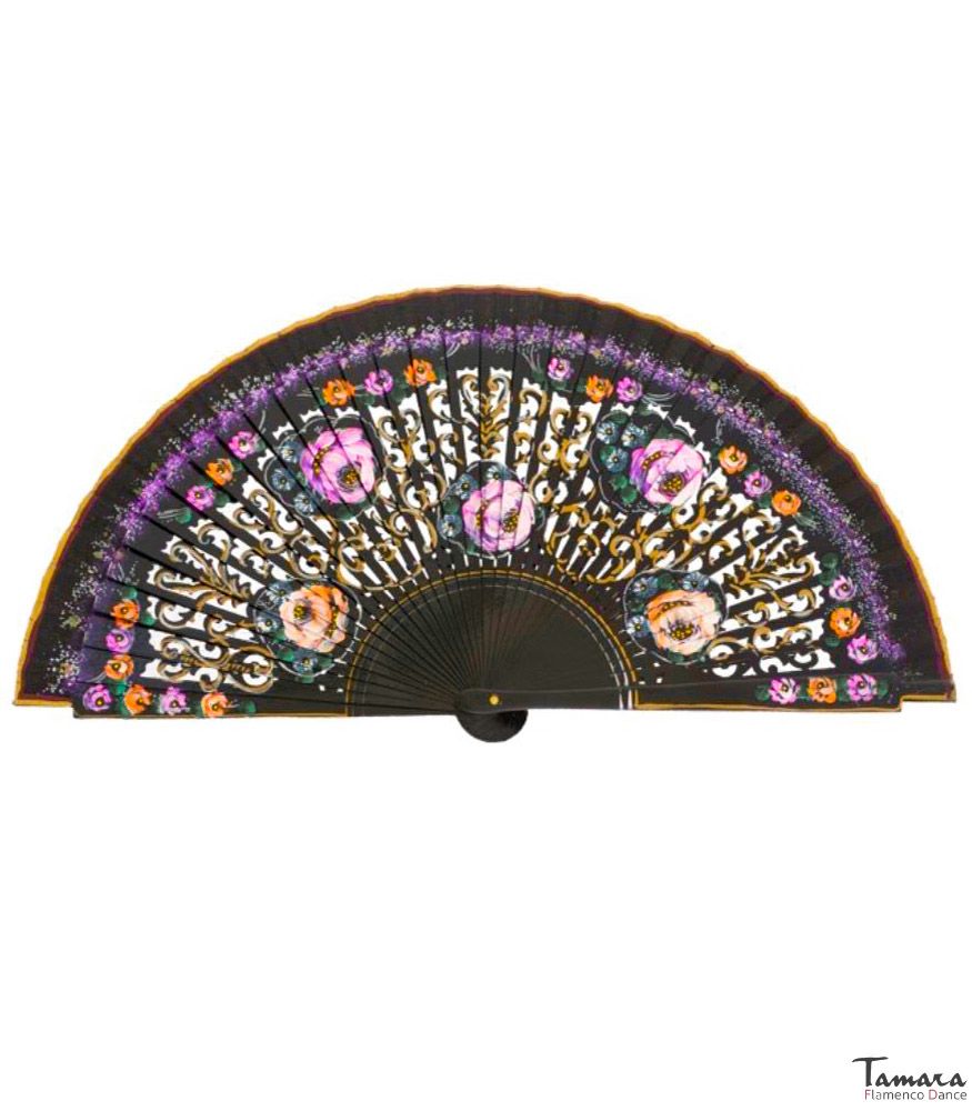 Abanico español pintado (23 cm) - Flores Negro