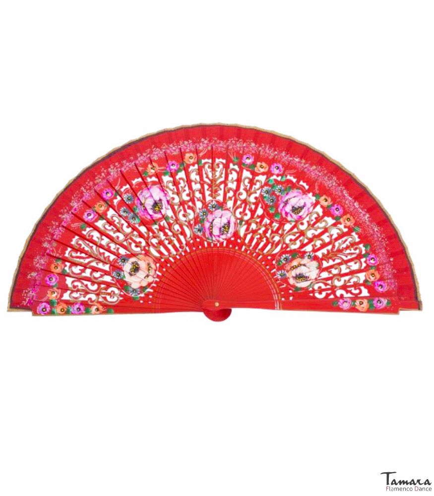Abanico español pintado (23 cm) - Flores Rojo