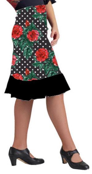 Falda flamenco Pampaneira - Punto Elastico Negro lunar blanco rosas