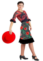 Falda flamenco Pampaneira - Punto Elastico Negro lunar blanco rosas