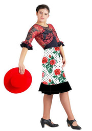 Falda flamenco Pampaneira - Punto Elastico Blanco lunar negro rosas