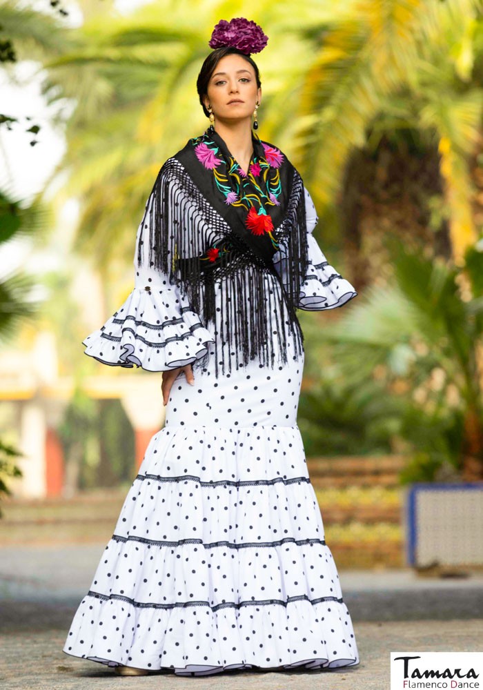 Traje de flamenca Garlochi Blanco con lunares negros