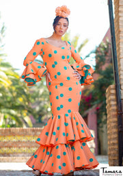 Traje de flamenca Tokio naranja lunares aguamarina