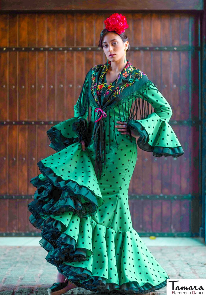 Traje de flamenca Salome verde lunares negros