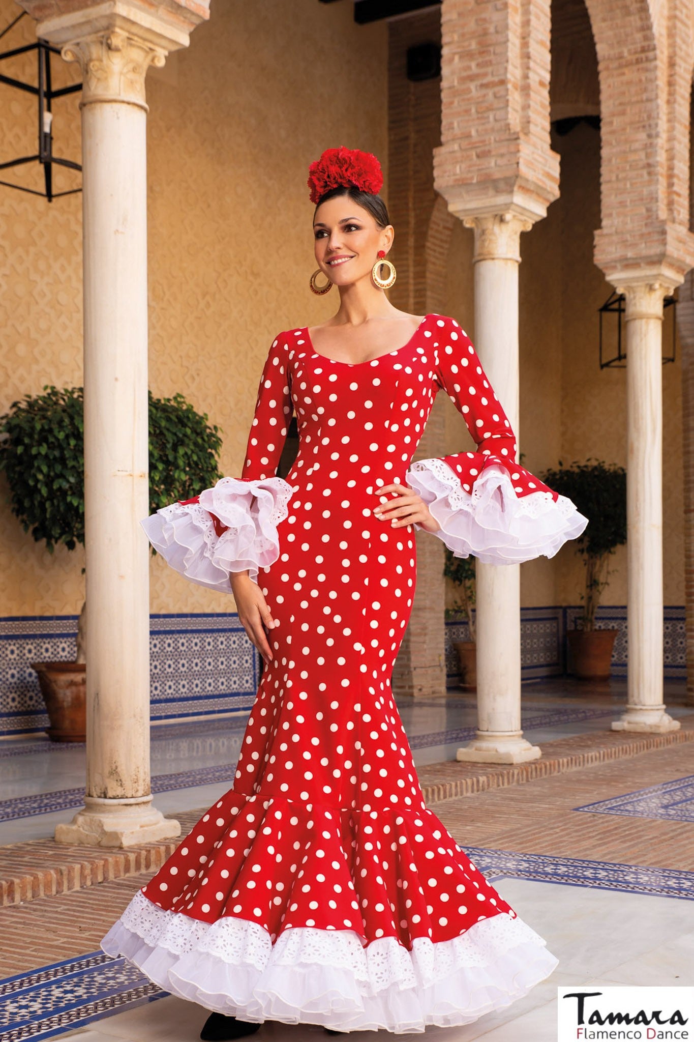 Traje de flamenca Jaleo rojo lunar blanco