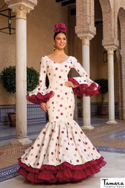 Traje de flamenca Jarana beig lunar rosa/burdeos