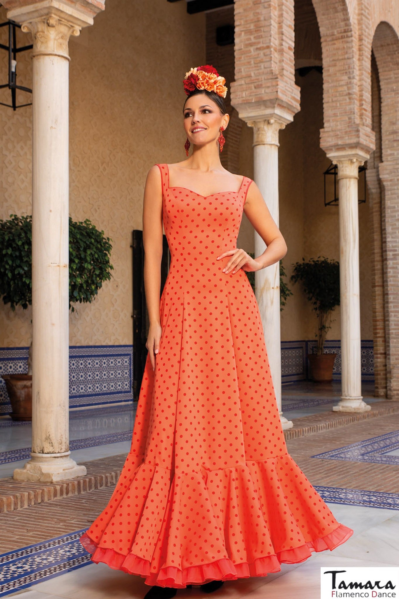 Traje de flamenca Quejio sin mangas naranja lunares