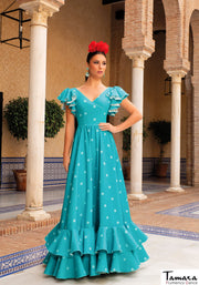 Traje de flamenca Valme Turquesa con lunares