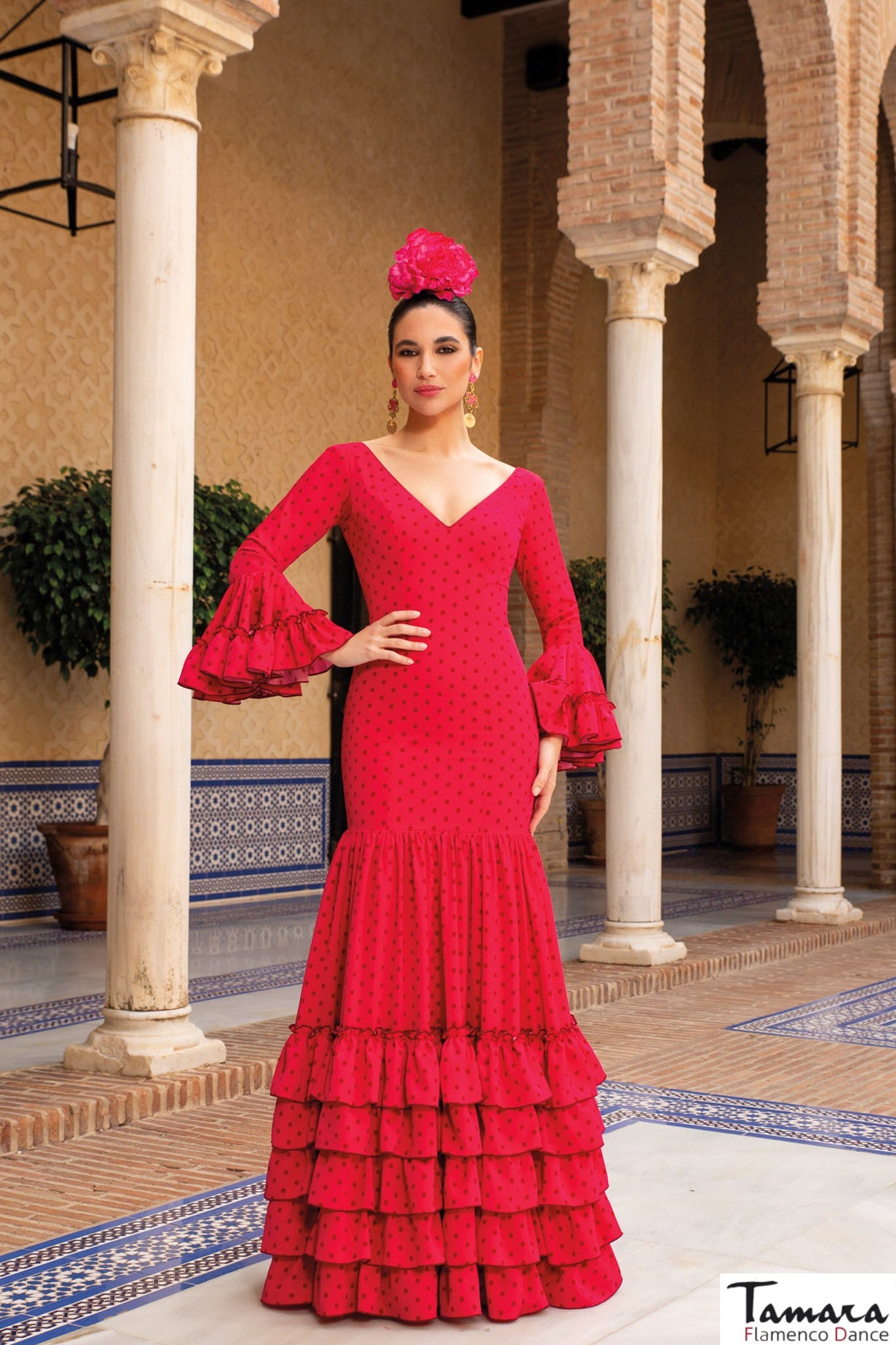 Traje de flamenca Retama Rojo lunares negros