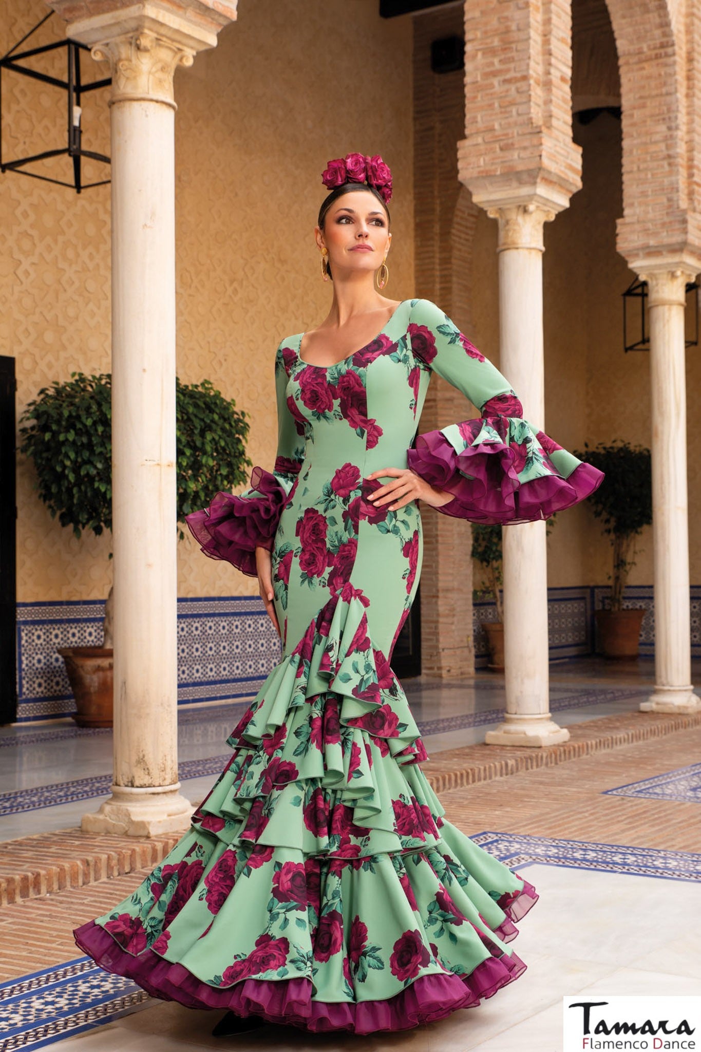 Traje de flamenca Marife Verde agua Estampado flores