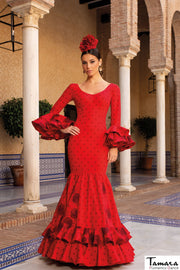 Traje de flamenca Albaicín Rojo con lunares y flores