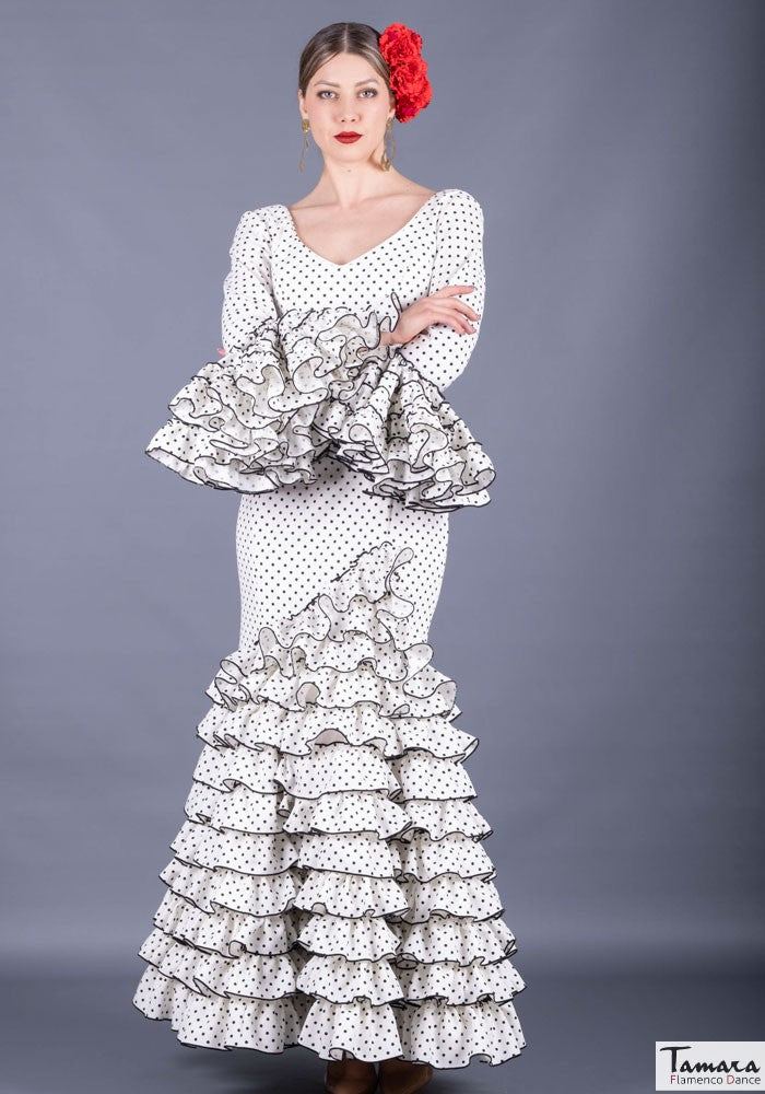 Traje de flamenca Clavellina Blanco lunares negros
