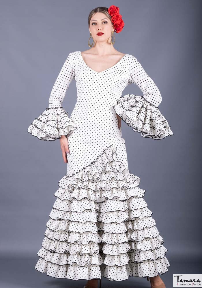 Traje de flamenca Clavellina Blanco lunares negros