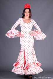 Traje de flamenca Albaicín Marfil y Coral lunares