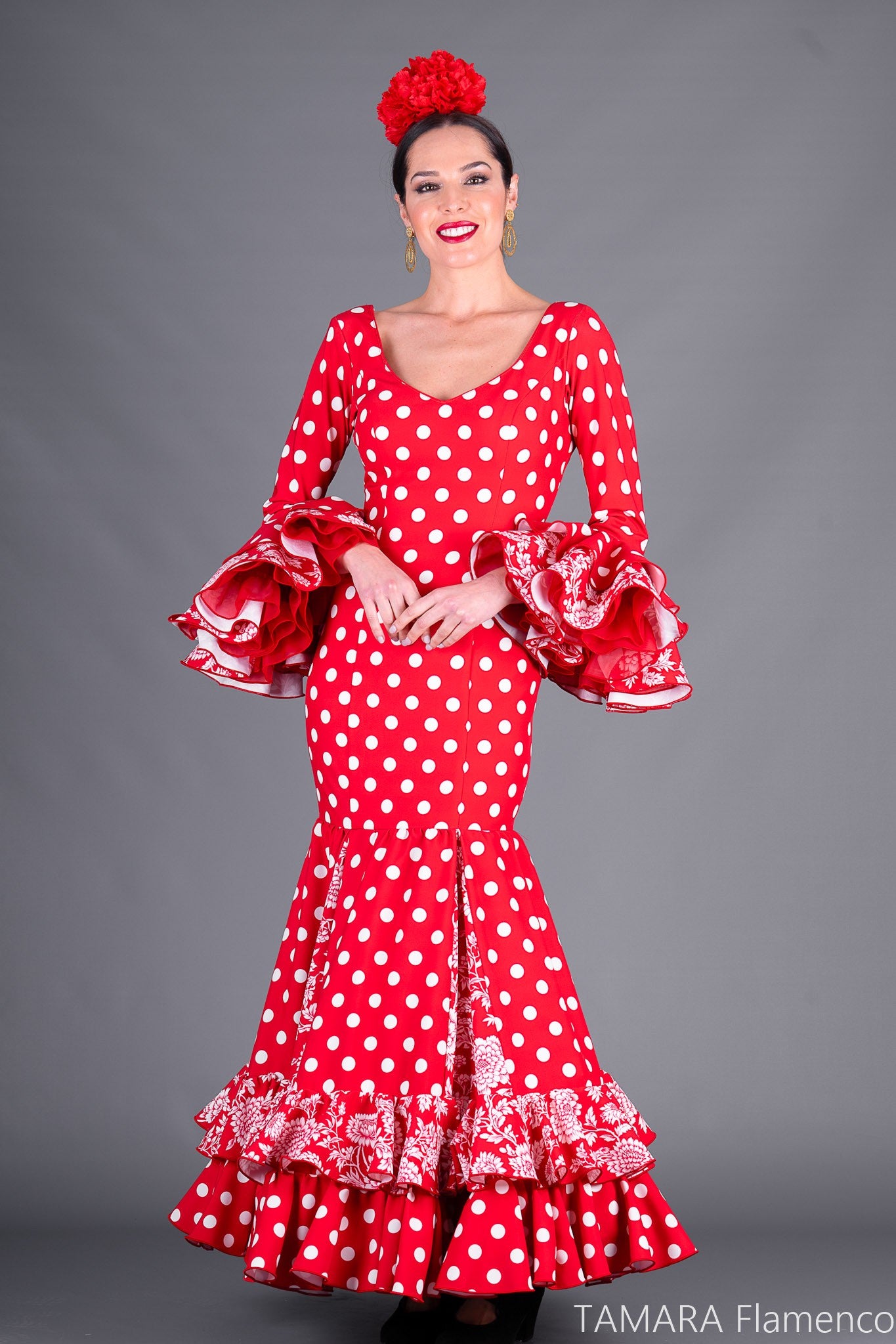 Traje de flamenca Albaicín Rojo lunar blanco