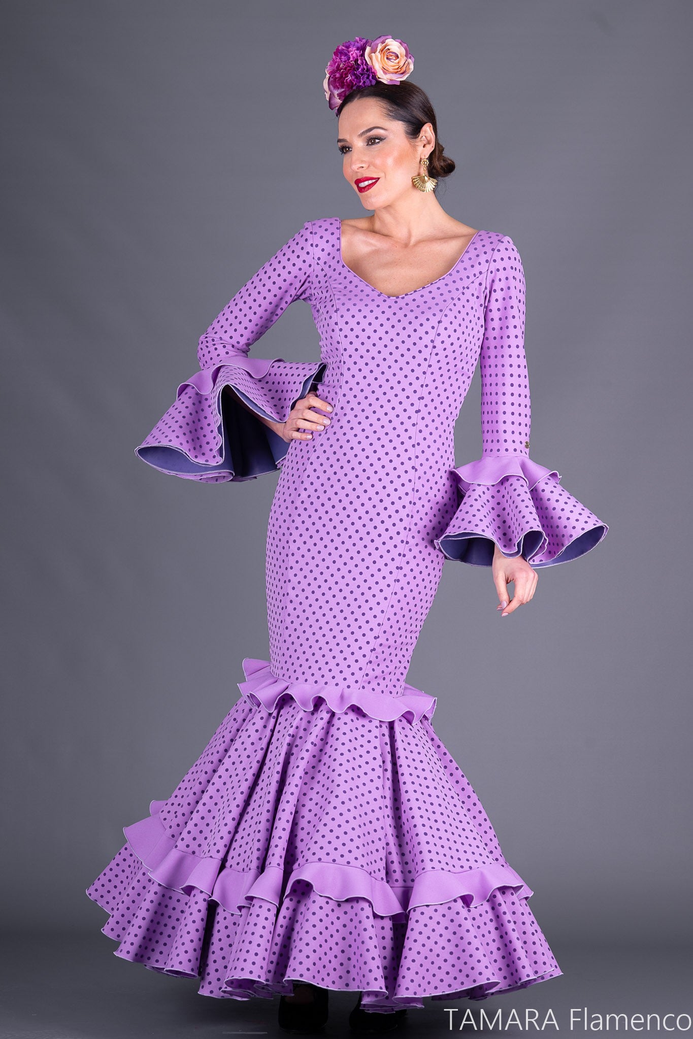 Traje de flamenca Pasion Malva lunares morados