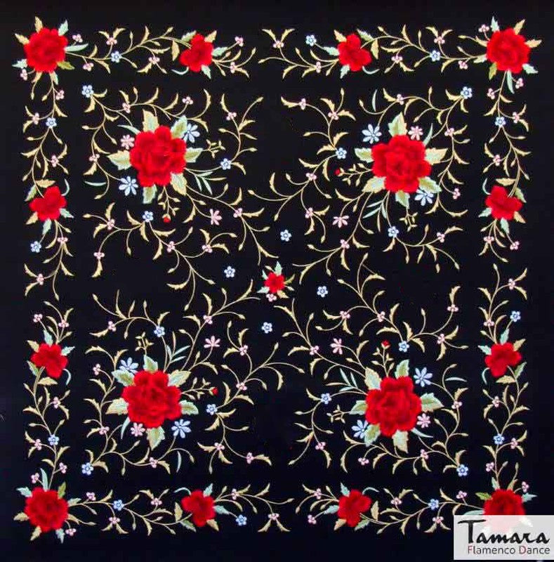 Manton de Manila Primaveral - Bordado Multicolor Negro