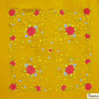 Manton de Manila Primaveral - Bordado Multicolor Mostaza