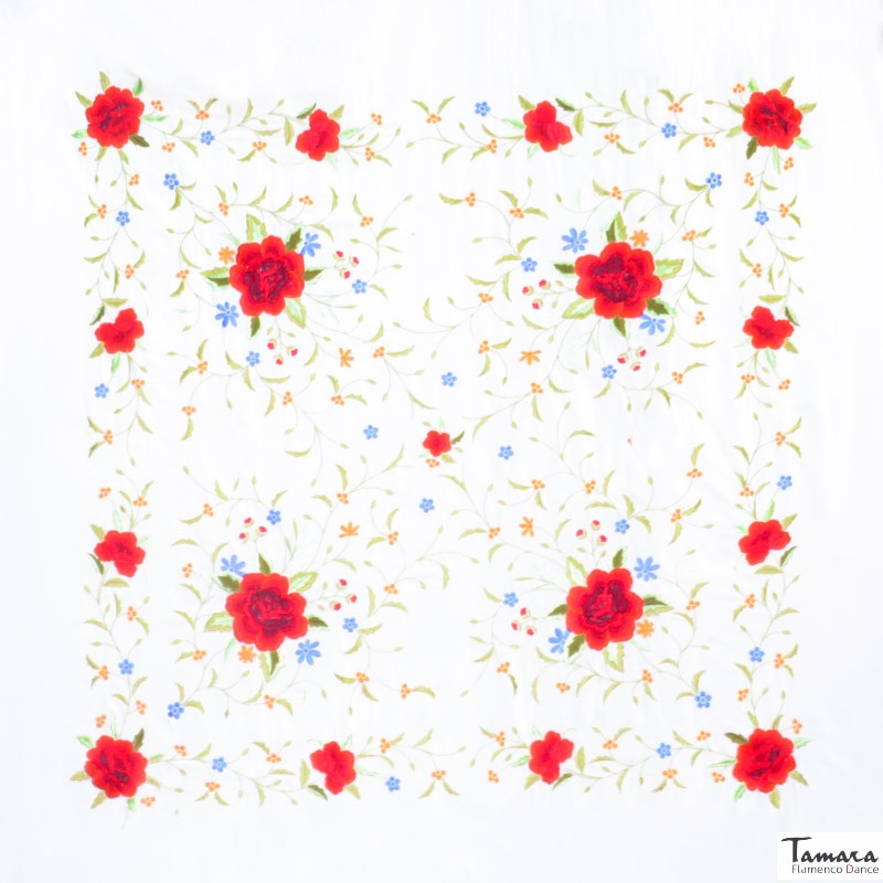 Manton de Manila Primaveral - Bordado Multicolor Blanco